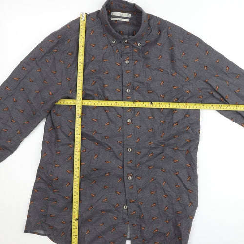 Mango Man Grey Slim Fit Dog Print Cotton Button-Up Shirt Size M