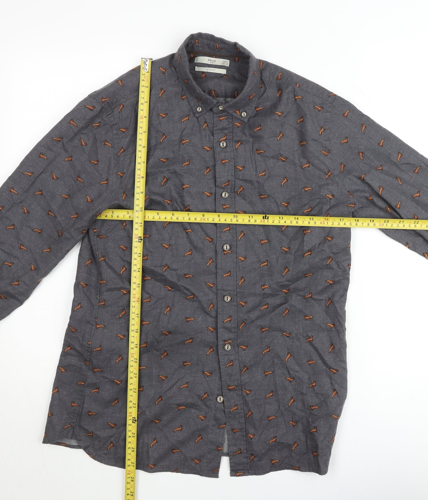 Mango Man Grey Slim Fit Dog Print Cotton Button-Up Shirt Size M