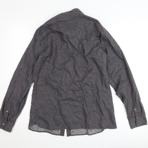 Mango Man Grey Slim Fit Dog Print Cotton Button-Up Shirt Size M