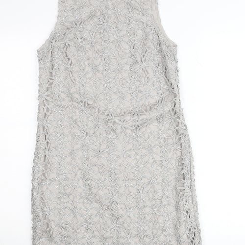 Oasis Women Silver Lace Shift Dress Size 8 Sleeveless Formal Cocktail