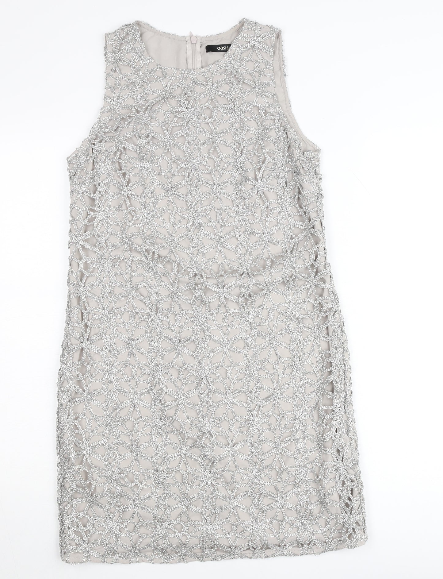 Oasis Women Silver Lace Shift Dress Size 8 Sleeveless Formal Cocktail