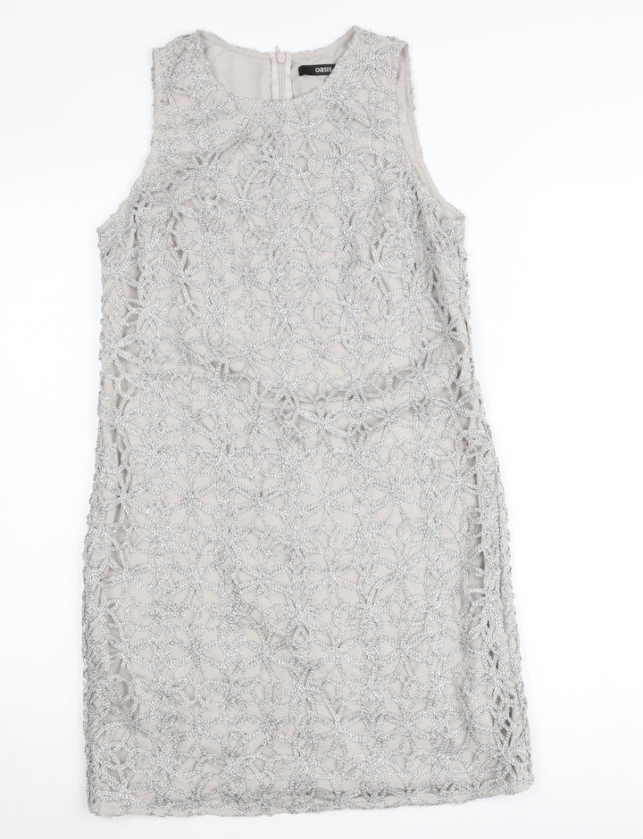 Oasis Women Silver Lace Shift Dress Size 8 Sleeveless Formal Cocktail