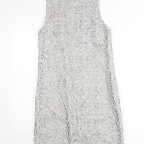 Oasis Women Silver Lace Shift Dress Size 8 Sleeveless Formal Cocktail