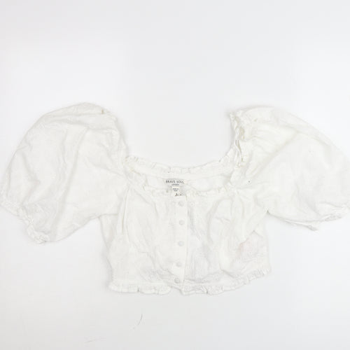 Brave Soul Women’s White Cropped Puff Sleeve Cotton Blouse Size L
