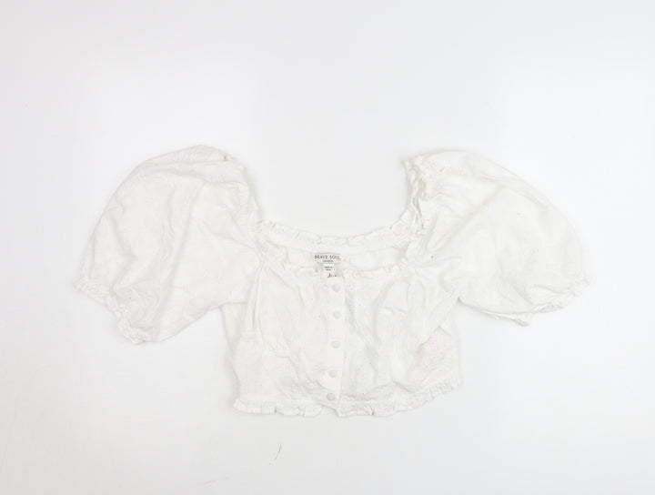Brave Soul Women’s White Cropped Puff Sleeve Cotton Blouse Size L