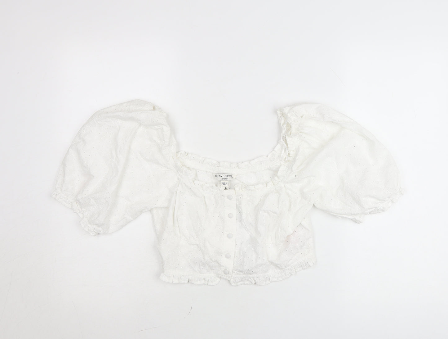 Brave Soul Women’s White Cropped Puff Sleeve Cotton Blouse Size L