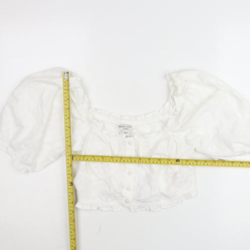 Brave Soul Women’s White Cropped Puff Sleeve Cotton Blouse Size L