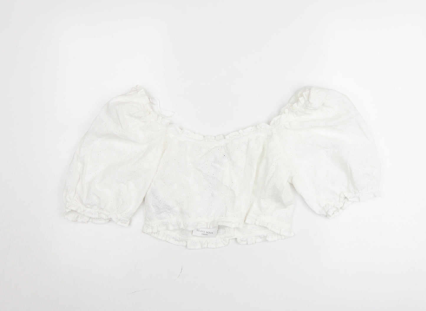 Brave Soul Women’s White Cropped Puff Sleeve Cotton Blouse Size L