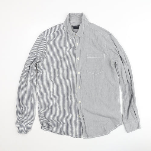 French Connection Men's Blue Striped Regular Fit Cotton Button-Up Shirt M