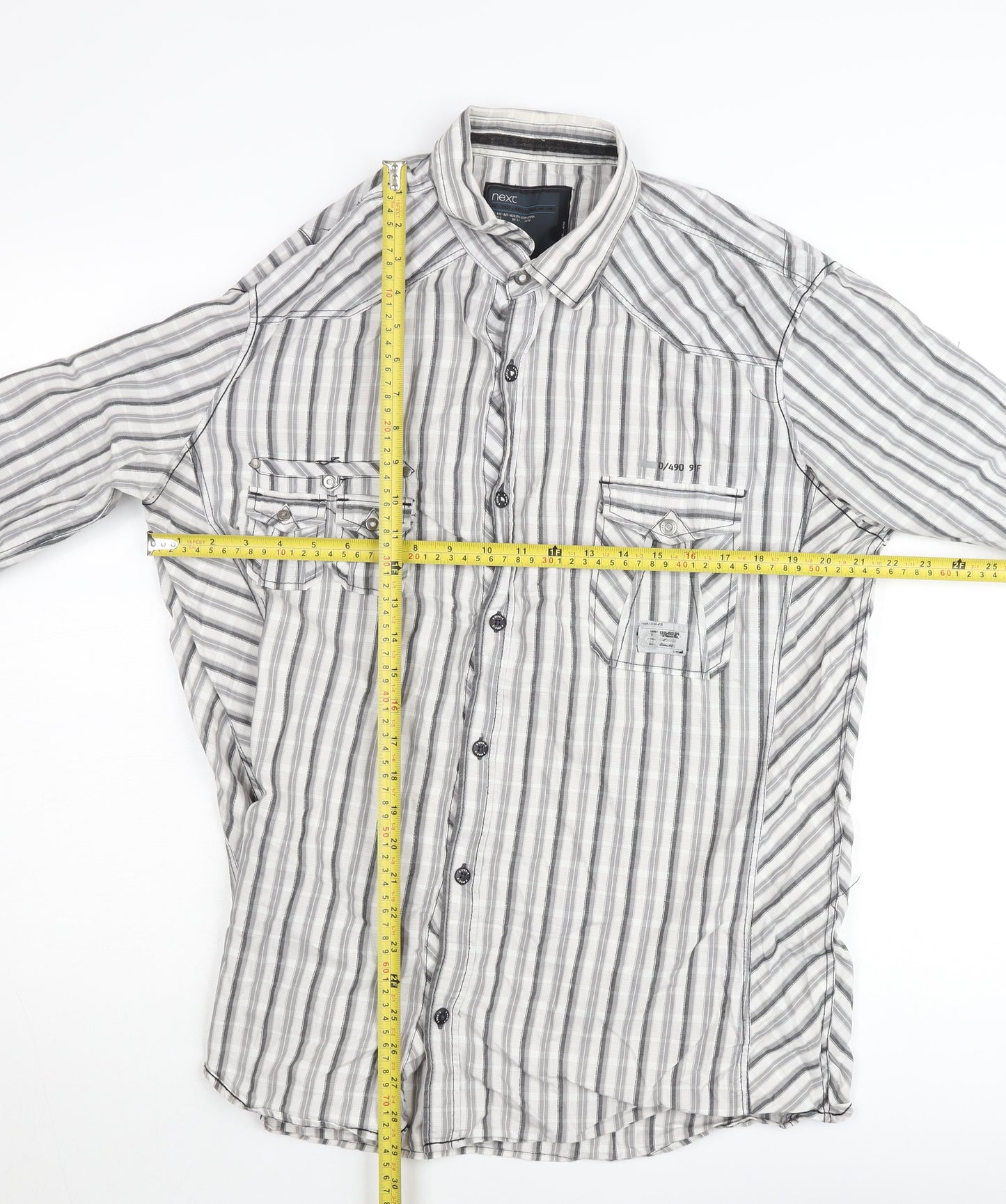 Next Men's Grey Striped Slim Fit Long Sleeve Button-Up Shirt XL