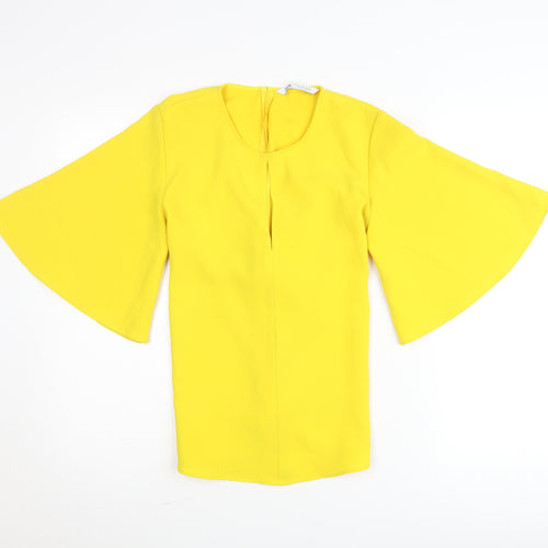 Zara Womens Yellow Wrap Blouse S Flared 3/4 Sleeve Bow Tie