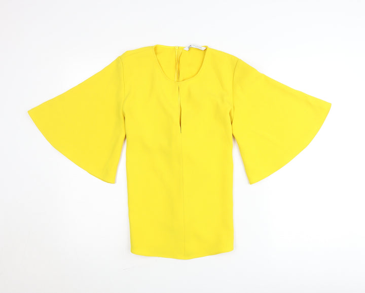 Zara Womens Yellow Wrap Blouse S Flared 3/4 Sleeve Bow Tie