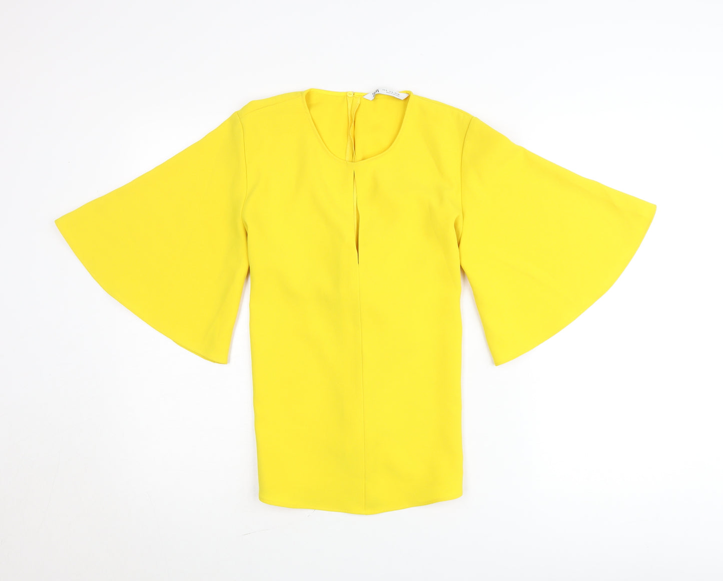 Zara Womens Yellow Wrap Blouse S Flared 3/4 Sleeve Bow Tie
