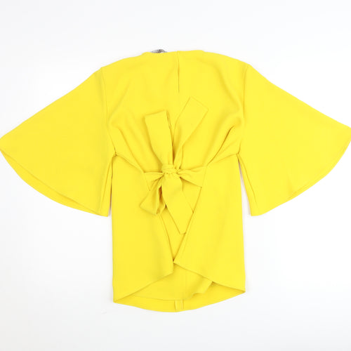 Zara Womens Yellow Wrap Blouse S Flared 3/4 Sleeve Bow Tie