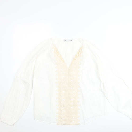 Zara Women’s Ivory Cotton Lace V-Neck Boho Blouse Size 10