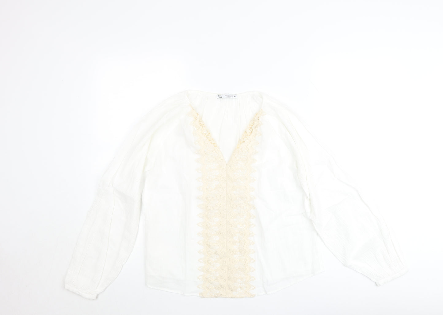 Zara Women’s Ivory Cotton Lace V-Neck Boho Blouse Size 10