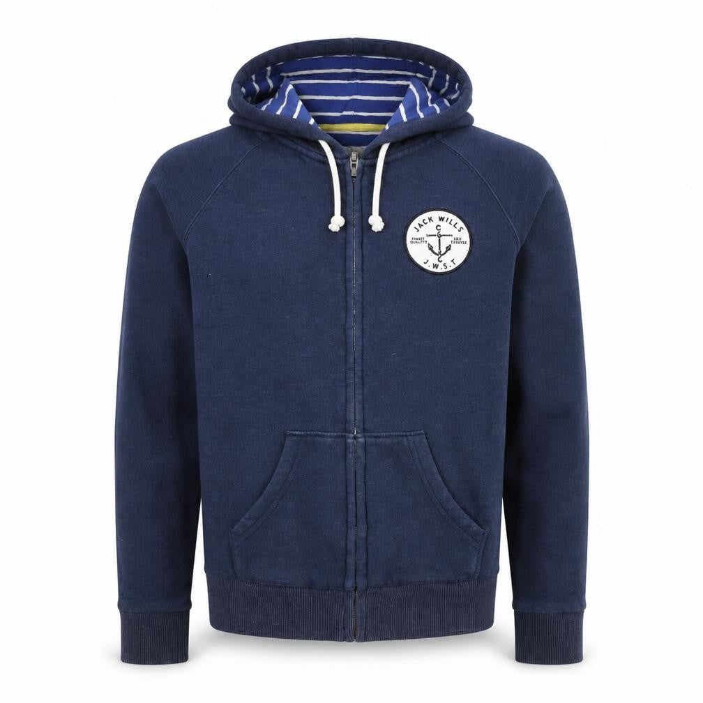 Front view of Jack Wills men’s blue l hooded full zip jersey jacket