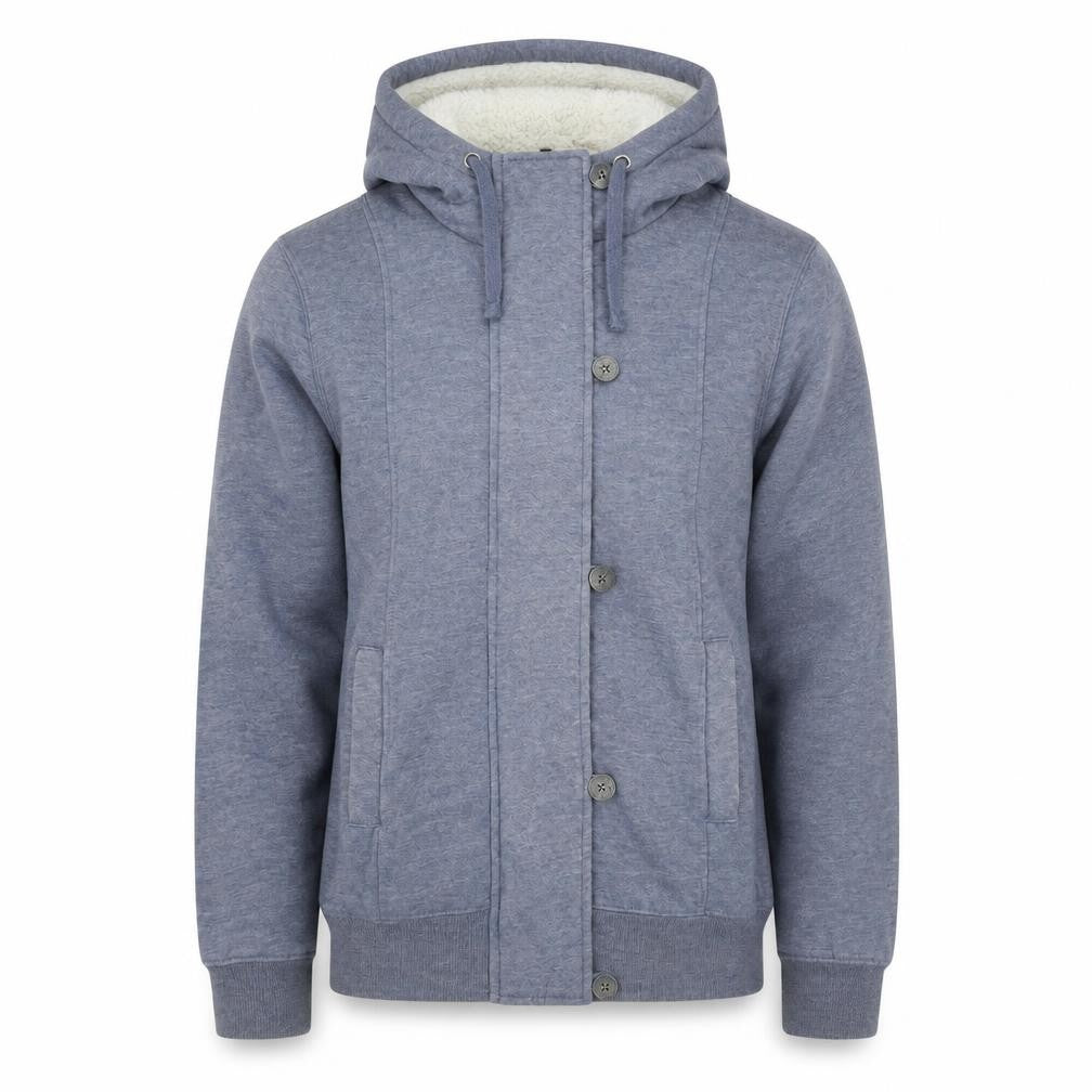 Front view of House Men's Blue Hooded Lined Button Jacket, size M, Cotton Blend