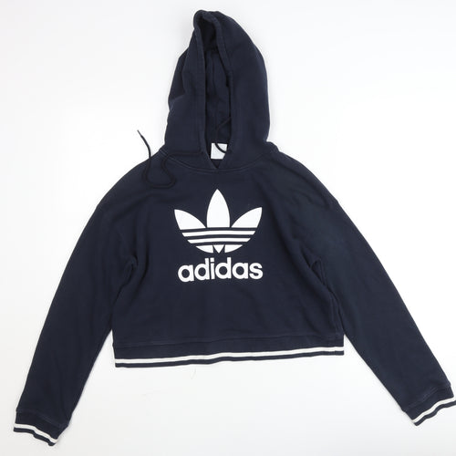 Adidas Women Navy Blue Cropped Hoodie Long Sleeve Pullover