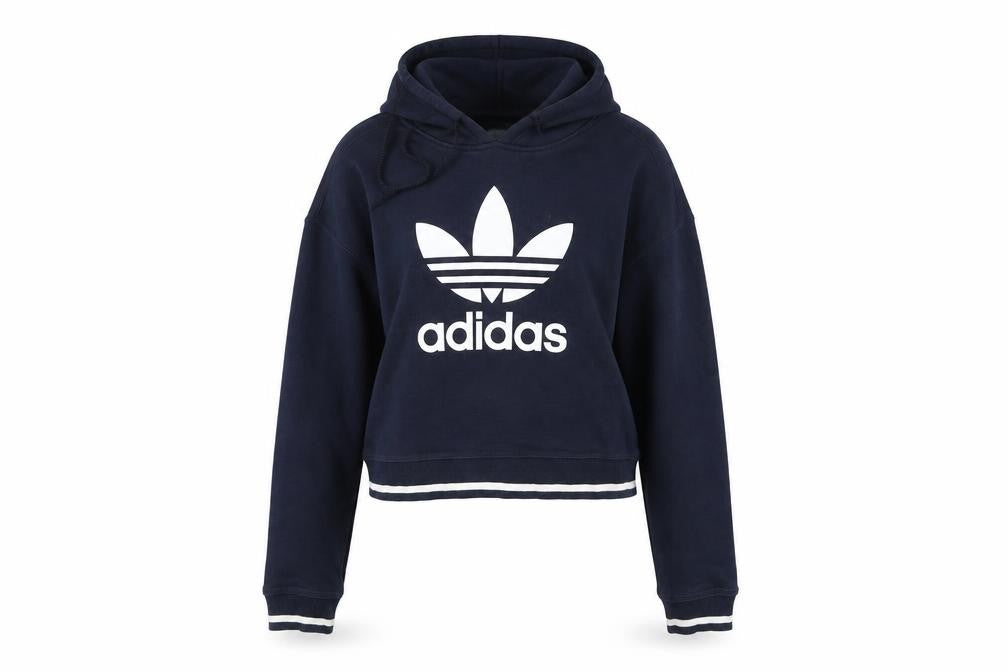 Front view of Adidas Women Navy Blue Cropped Hoodie Long Sleeve Pullover