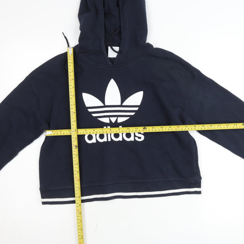 Adidas Women Navy Blue Cropped Hoodie Long Sleeve Pullover