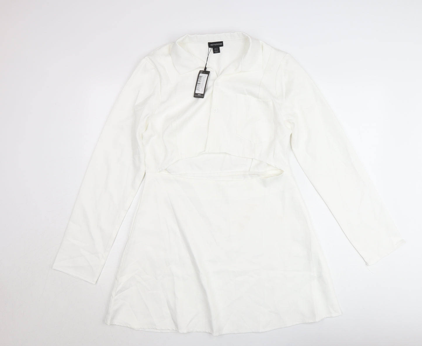 PrettyLittleThing Women’s White Collared Cut Out Shirt Dress Size 14