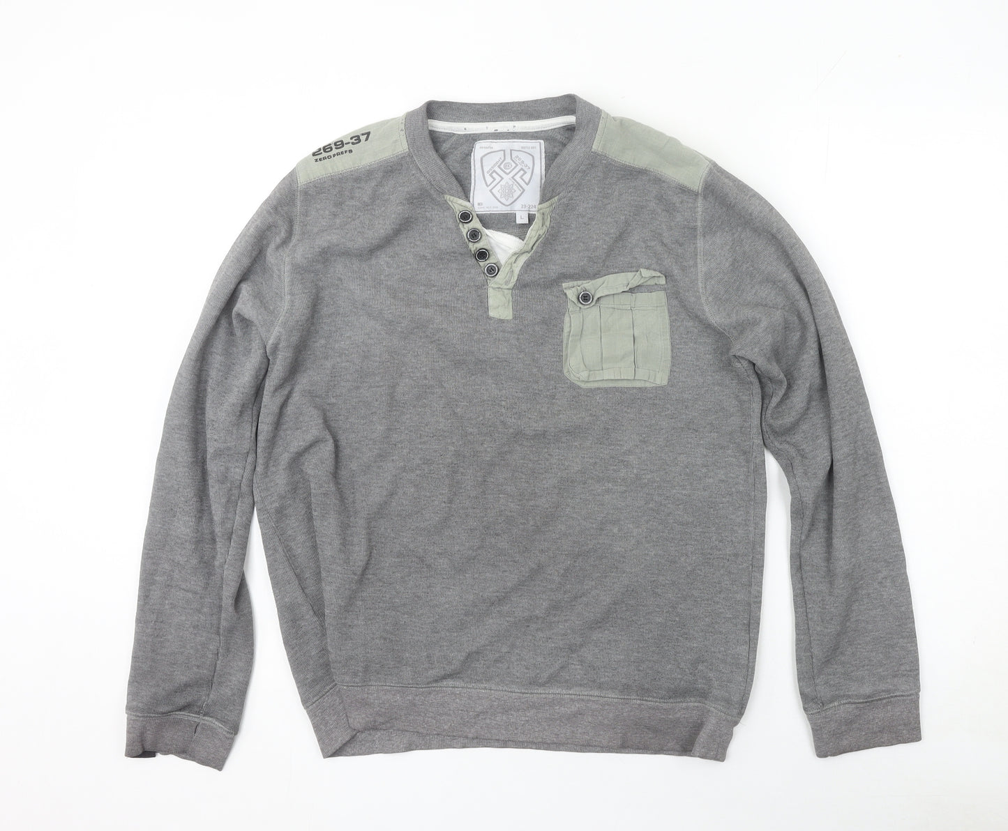 Dissident Mens Grey Henley Sweatshirt L Long Sleeve Cotton Blend