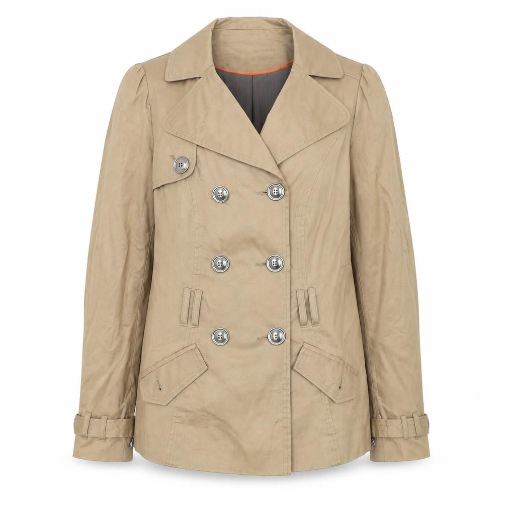 Front view of River Island Women's Beige Trench Jacket, size 12, Classic Cotton Blend