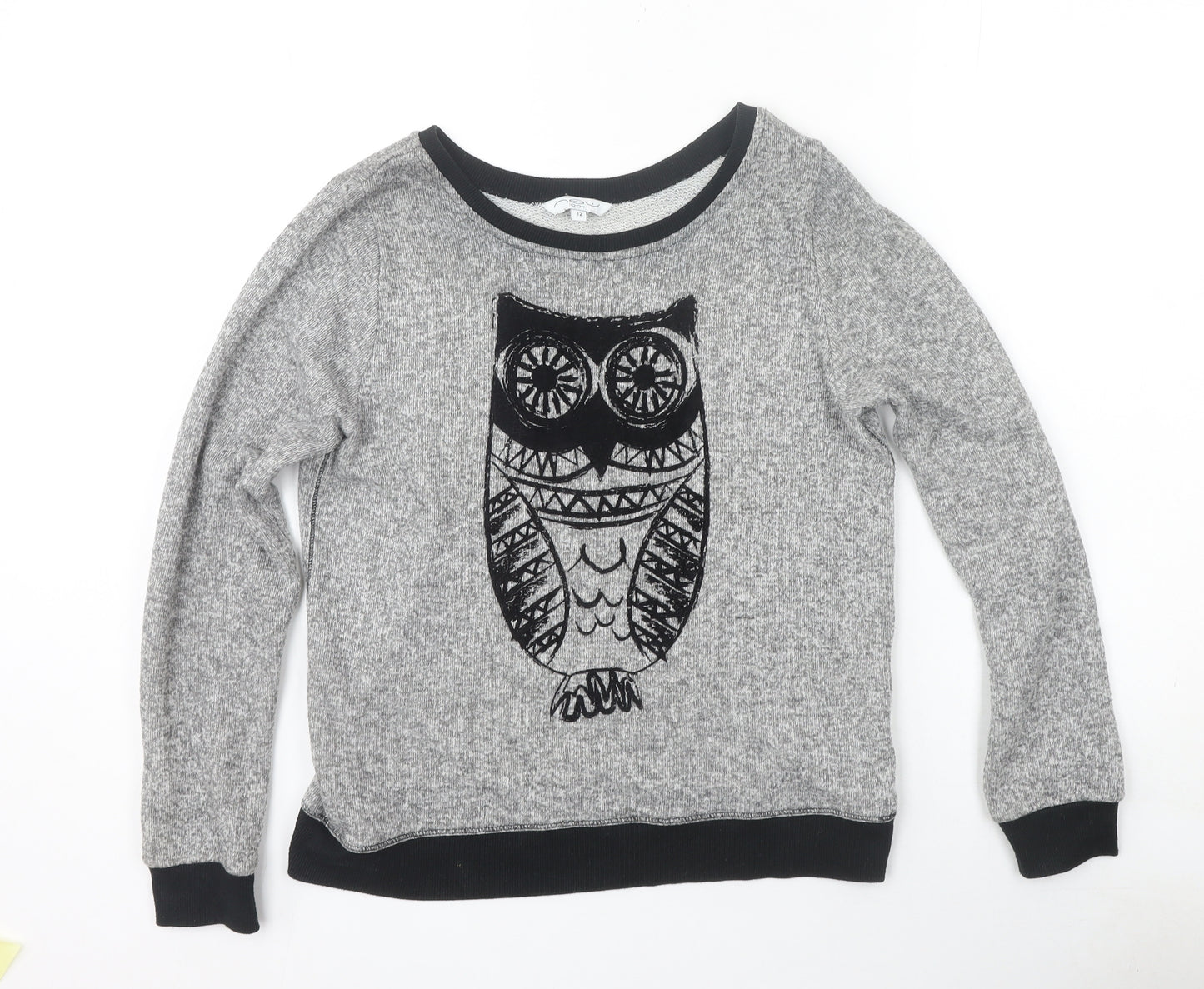 New Look Womens Grey Owl Crew Neck Long Sleeve Pullover Jumper Size 12