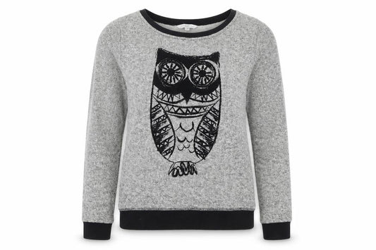 Front view of New Look women’s grey owl crew neck long sleeve jumper, size UK 12