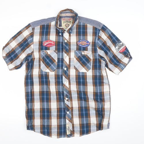 Tokyo Laundry Men’s Blue Checked Short Sleeve Button-Up Shirt Medium