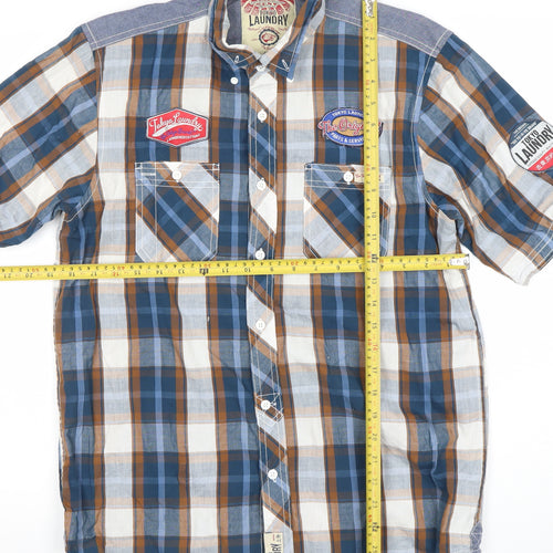 Tokyo Laundry Men’s Blue Checked Short Sleeve Button-Up Shirt Medium