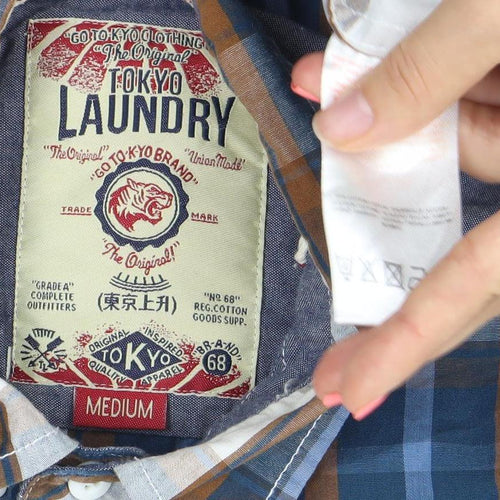 Tokyo Laundry Men’s Blue Checked Short Sleeve Button-Up Shirt Medium
