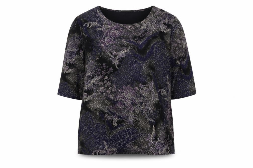Front view of Godske women’s purple abstract tunic blouse, size UK 22