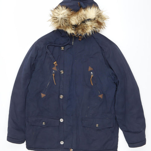Farah Women Blue L Hooded Parka Jacket with Faux Fur Trim