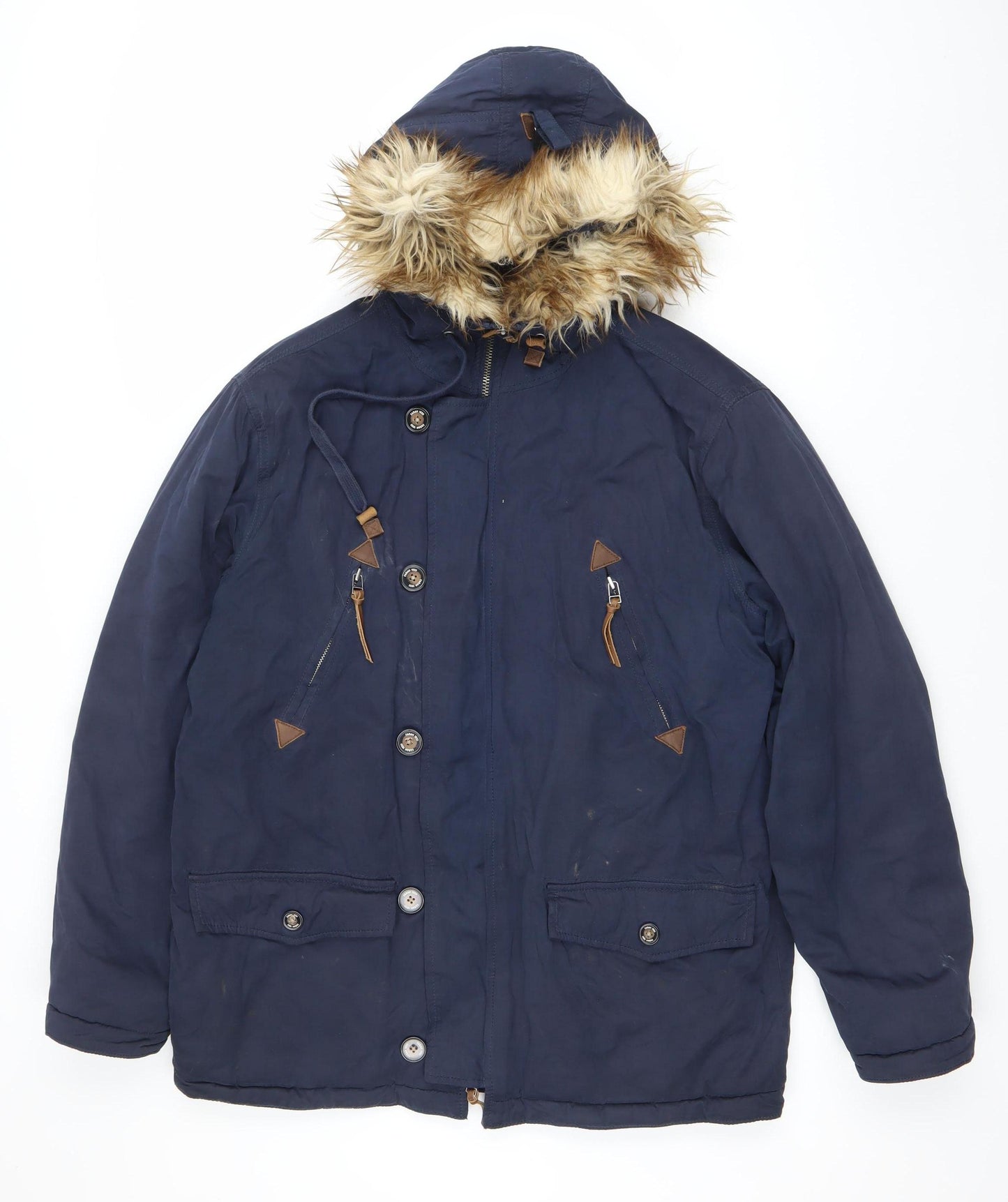 Farah Women Blue L Hooded Parka Jacket with Faux Fur Trim