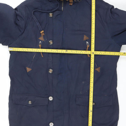 Farah Women Blue L Hooded Parka Jacket with Faux Fur Trim