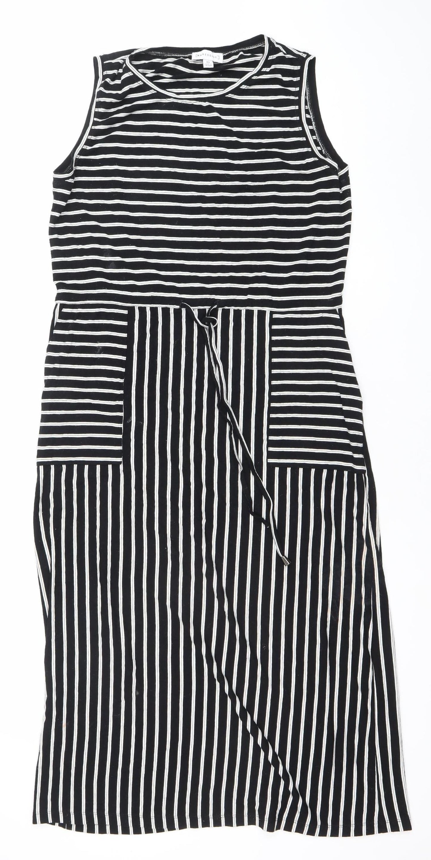 Warehouse Women’s Black White Striped Sleeveless Jersey A-Line Dress UK 12