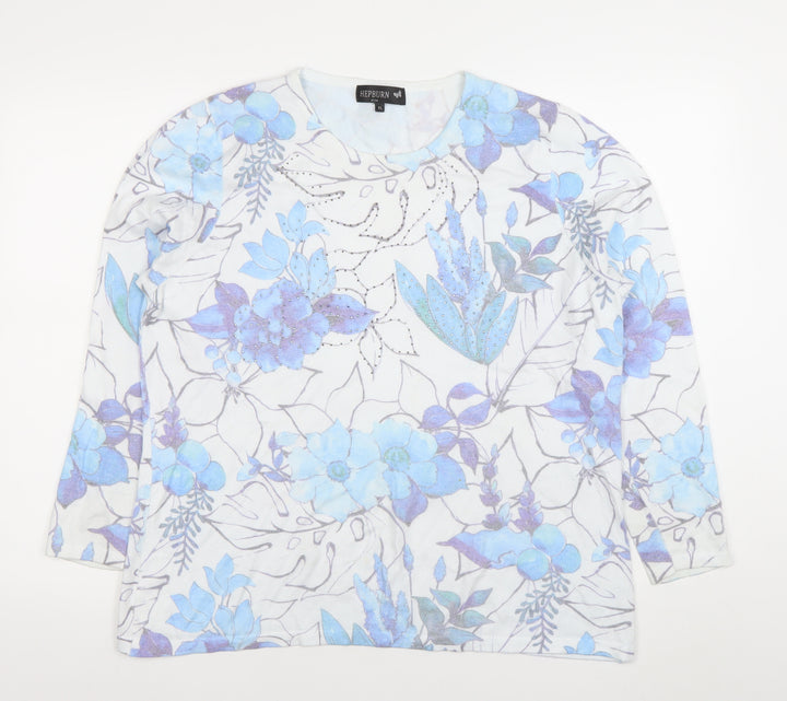 Hepburn by M&N Women's Blue Floral Rhinestone XL Pullover Jumper