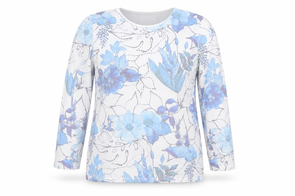 Front view of Hepburn by M&N Women's Blue Floral Rhinestone XL jumper