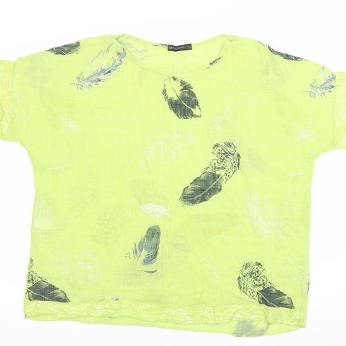 Just Elegance Women Yellow Feather Print Linen Blend Short Sleeve Blouse Size L