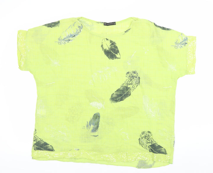 Just Elegance Women Yellow Feather Print Linen Blend Short Sleeve Blouse Size L