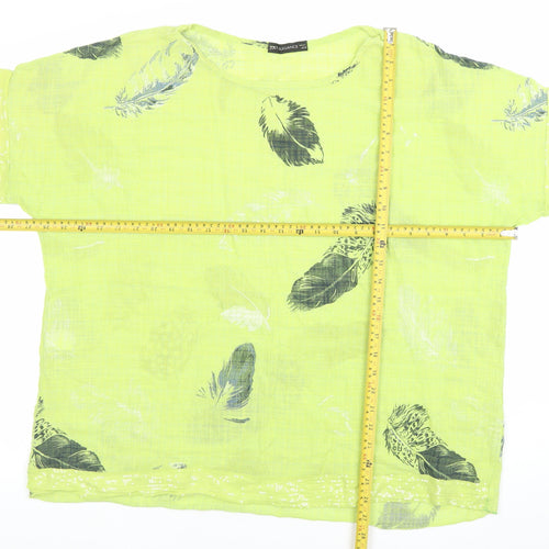 Just Elegance Women Yellow Feather Print Linen Blend Short Sleeve Blouse Size L