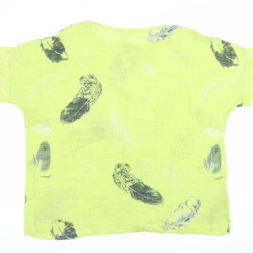 Just Elegance Women Yellow Feather Print Linen Blend Short Sleeve Blouse Size L