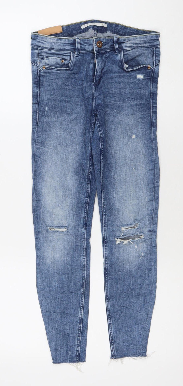 Zara Women's Blue Distressed Skinny Jeans M Mid Rise Stretch Denim