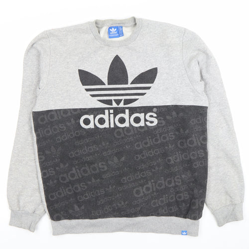 Adidas Mens Grey Crew Neck Sweatshirt M Logo Cotton Blend Pullover