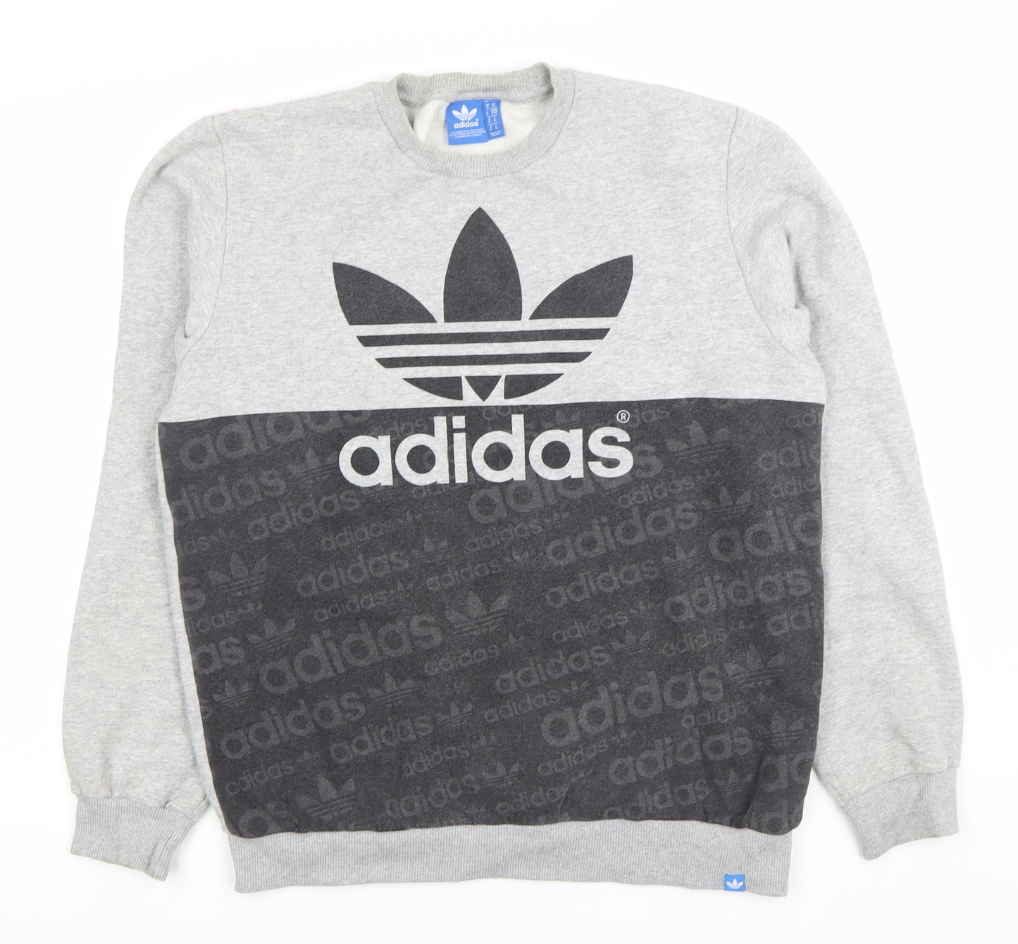 Adidas Mens Grey Crew Neck Sweatshirt M Logo Cotton Blend Pullover