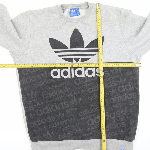 Adidas Mens Grey Crew Neck Sweatshirt M Logo Cotton Blend Pullover