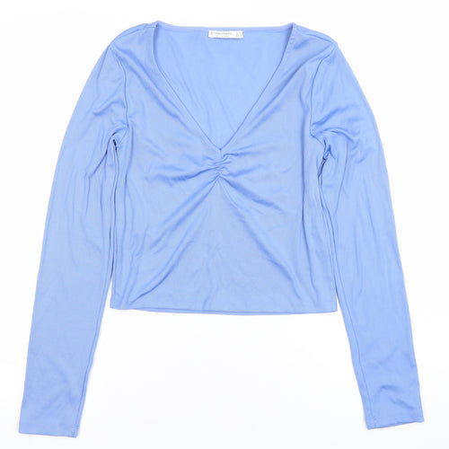 Stradivarius Women's Blue Cropped V-Neck Long Sleeve Top Size L