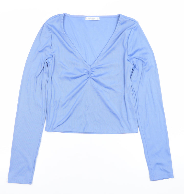 Stradivarius Women's Blue Cropped V-Neck Long Sleeve Top Size L